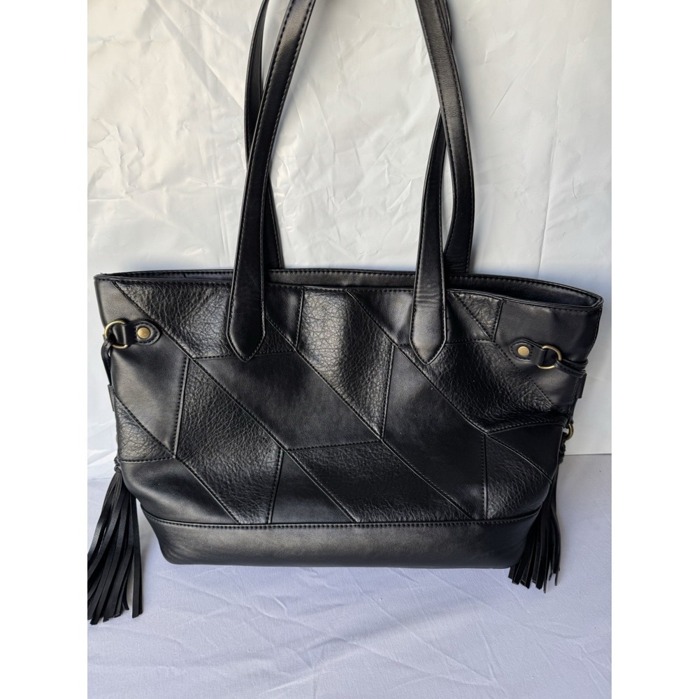 Frye Black Faux Leather Patchwork Tote with Tassels